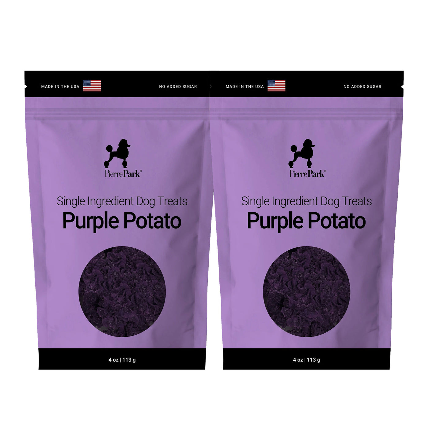 Two 4 oz (113 g) PierrePark Purple Potato Dog Treat pouches with black tops, white text, USA flag, and "No Added Sugar" label.