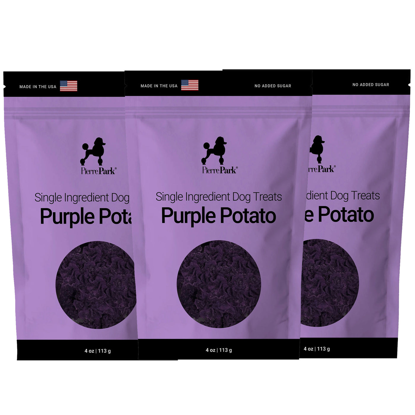 Three 4 oz (113g) bags of PierrePark Purple Potato Dog Treats with a poodle silhouette and American flag on the package.