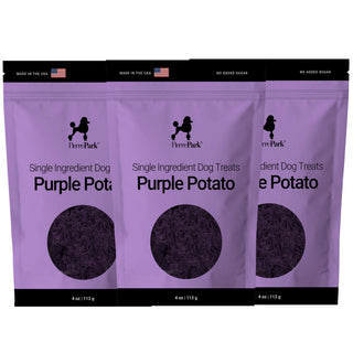 Three 4 oz (113g) bags of PierrePark Purple Potato Dog Treats with a poodle silhouette and American flag on the package.