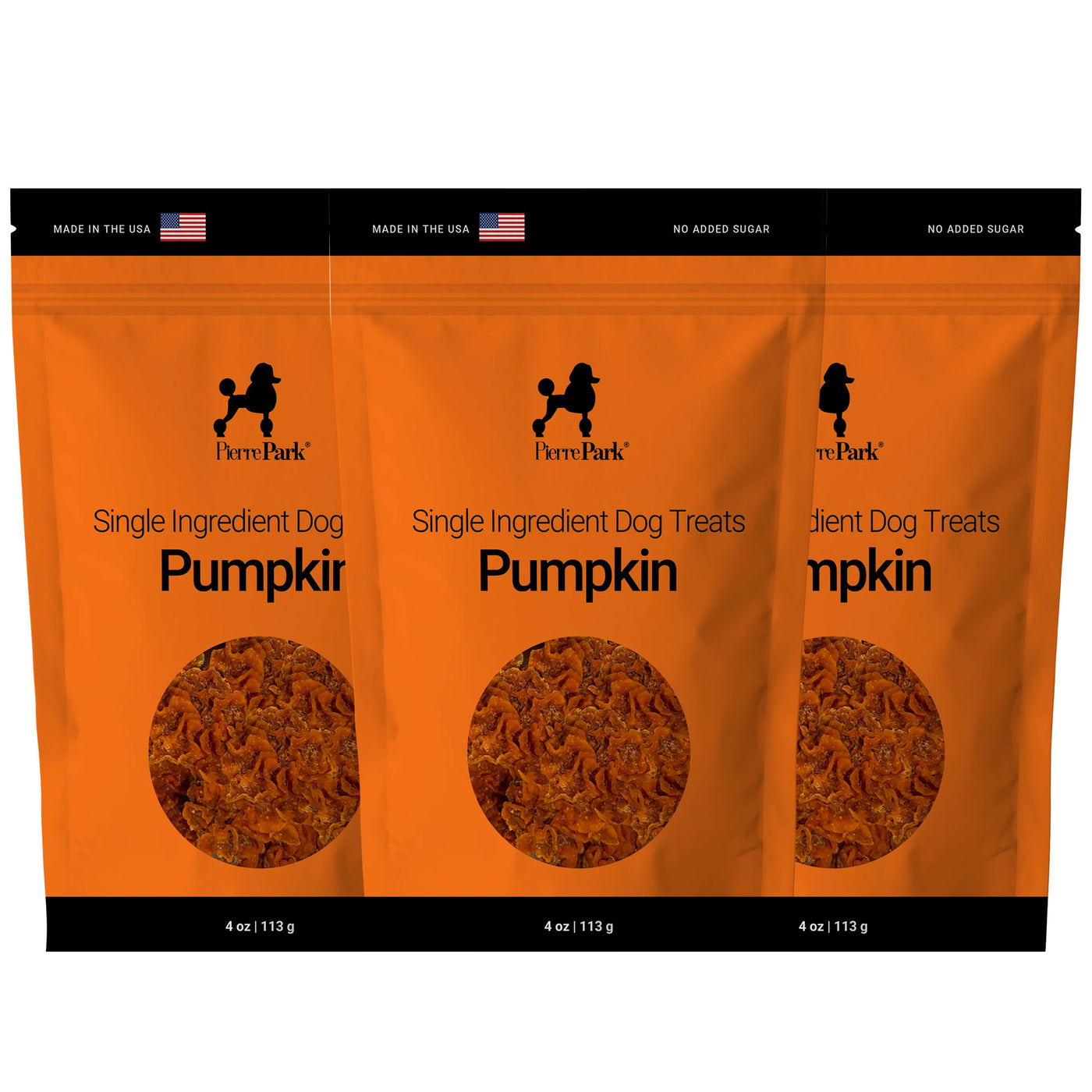Three orange bags of PierrePark Pumpkin Dog Treats (4 oz/113 g each) are shown side by side, featuring a poodle silhouette, US flag, and "No Added Sugar" note.