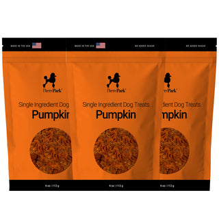 Three orange bags of PierrePark Pumpkin Dog Treats (4 oz/113 g each) are shown side by side, featuring a poodle silhouette, US flag, and "No Added Sugar" note.