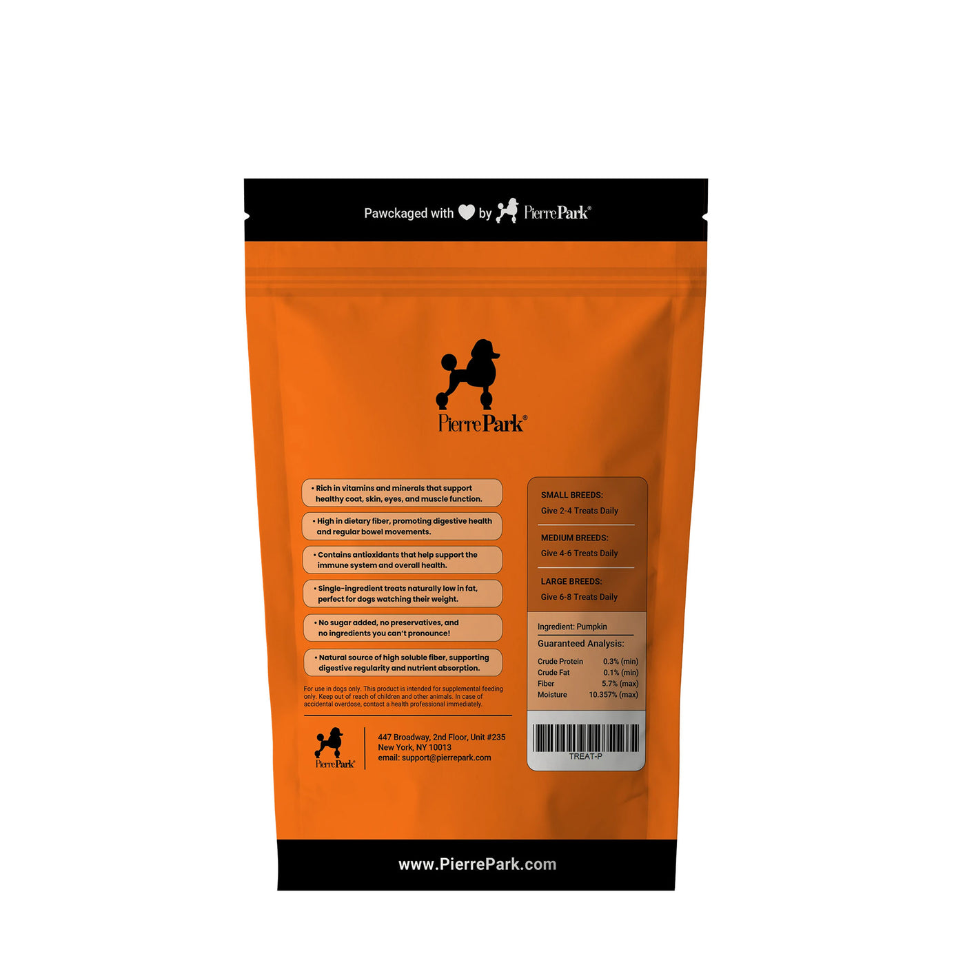 Bright orange PierrePark Pumpkin Dog Treats package features black text and a poodle logo. The back lists feeding guidelines, benefits, and ingredients, with contact info and website at the bottom.