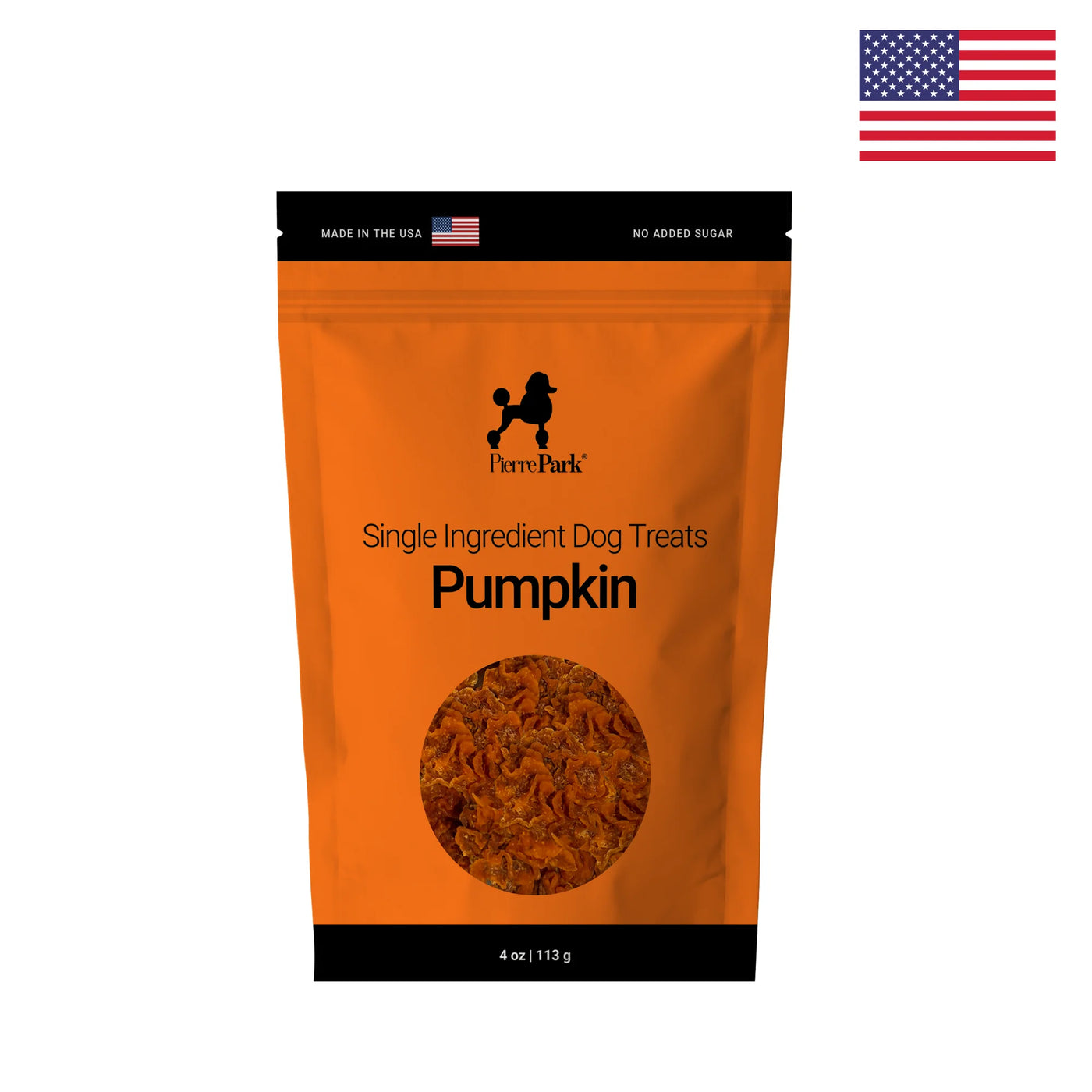 An orange bag of PierrePark Pumpkin Dog Treats with a small window showing the treats, black top and bottom, and a USA flag in the upper right corner.