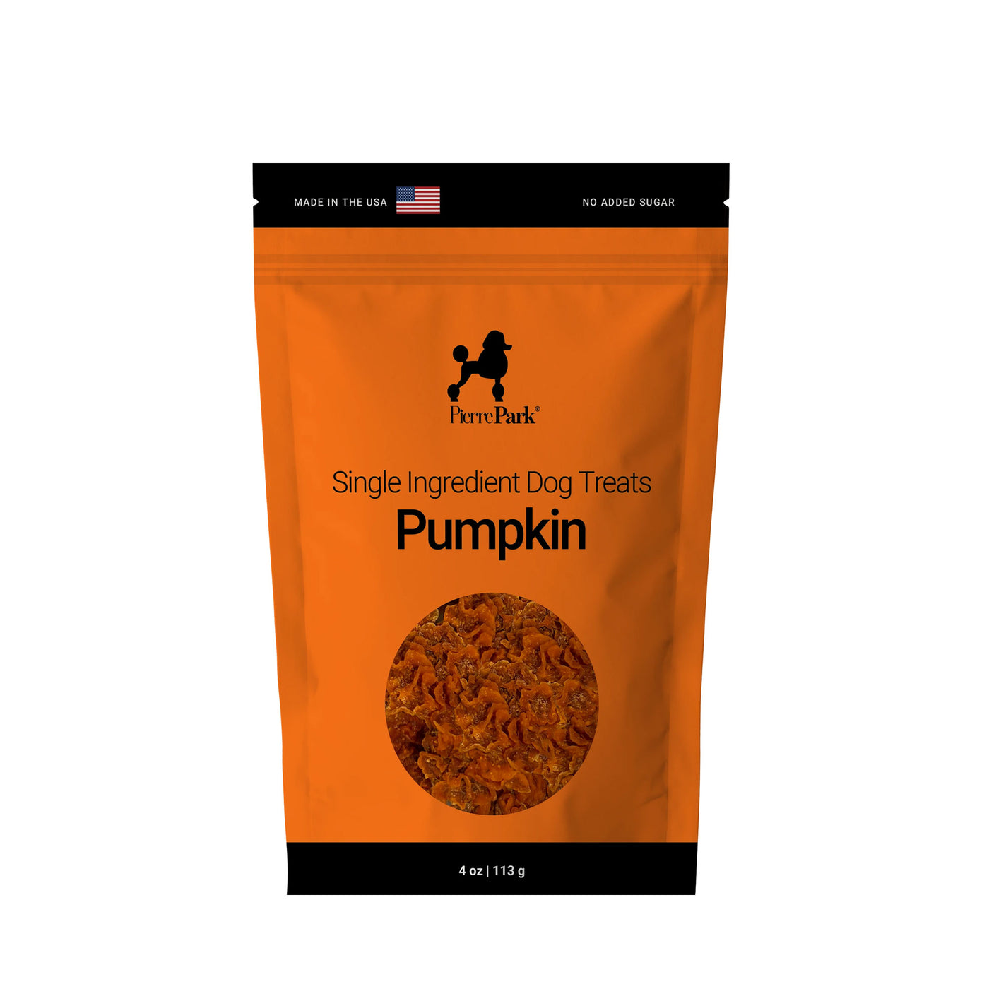 A vibrant orange bag of PierrePark Pumpkin Dog Treats features a clear window to view the treats inside, proudly labeled Made in the USA with No Added Sugar.