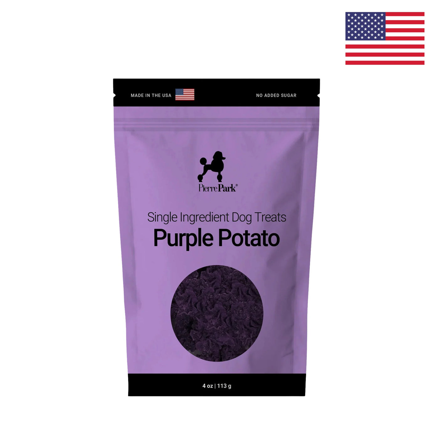 A purple bag of PierrePark Purple Potato Dog Treats features a dog silhouette and a US flag with "Made in the USA" and "No Added Sugar" text. An American flag is displayed in the upper right corner.