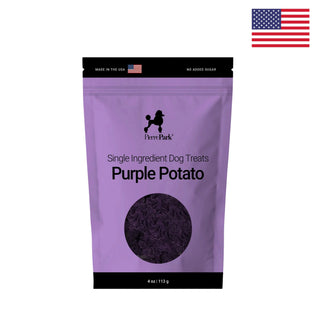 A purple bag of PierrePark Purple Potato Dog Treats features a dog silhouette and a US flag with "Made in the USA" and "No Added Sugar" text. An American flag is displayed in the upper right corner.