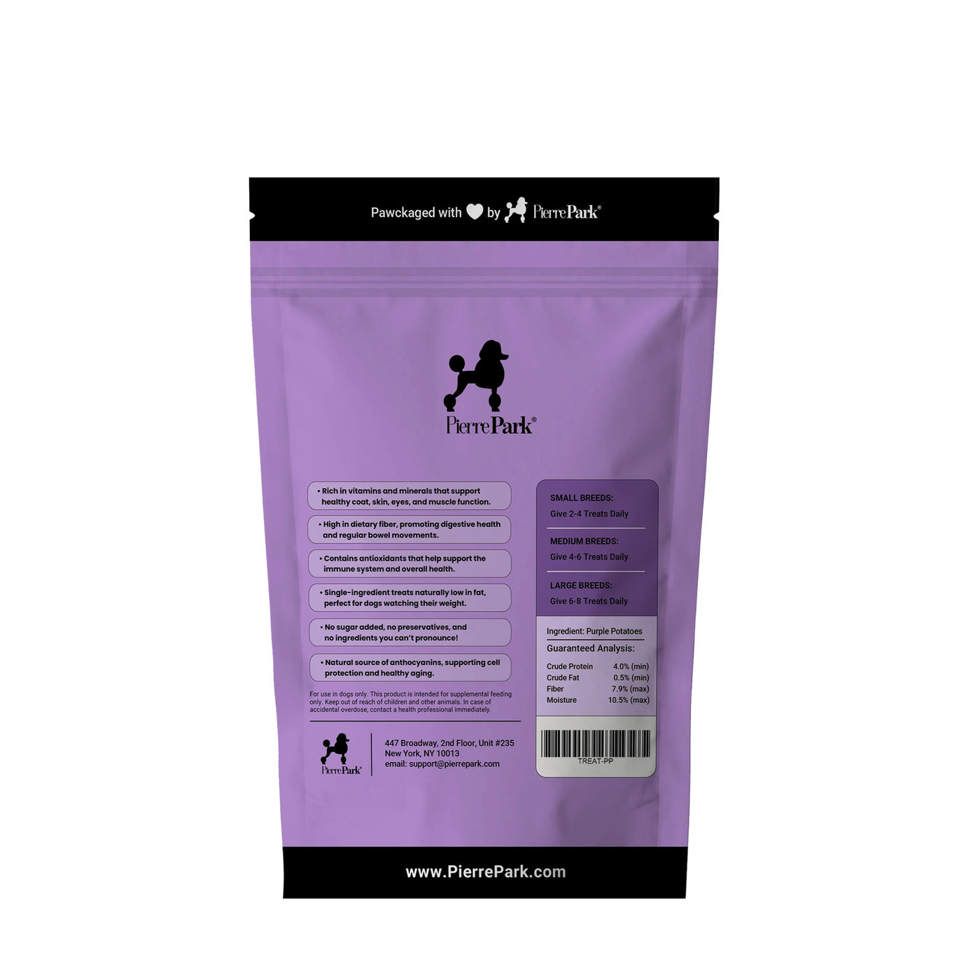 A purple bag of PierrePark Purple Potato Dog Treats with black and white text, a poodle graphic, feeding instructions, and www.PierrePark.com at the bottom.