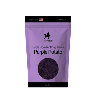 A purple bag of PierrePark Purple Potato Dog Treats, featuring a dog silhouette, round window showing treats, and text stating made in the USA with no added sugar.