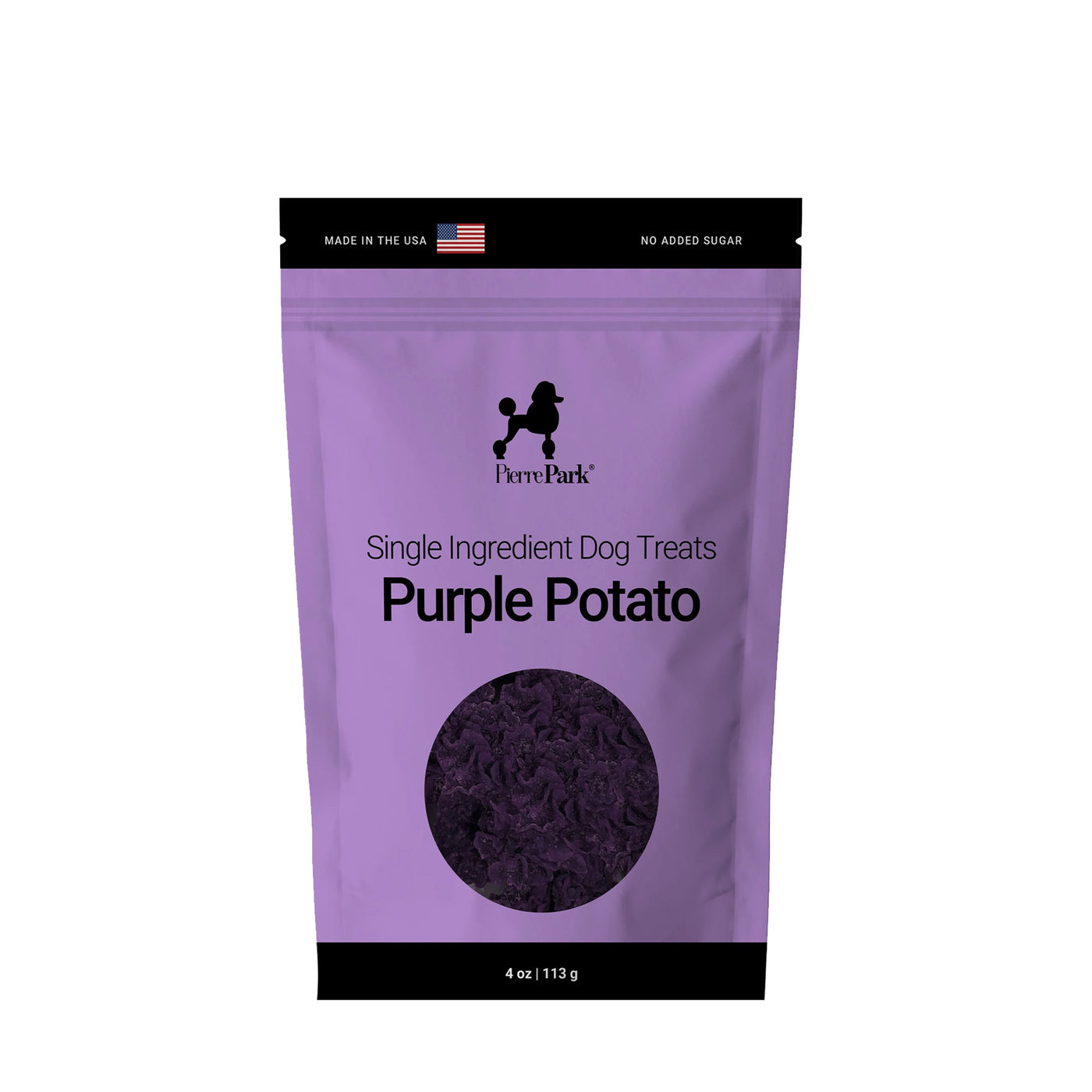 A 4 oz (113 g) resealable bag labeled “PierrePark Purple Potato Dog Treats” features a poodle silhouette and an American flag.