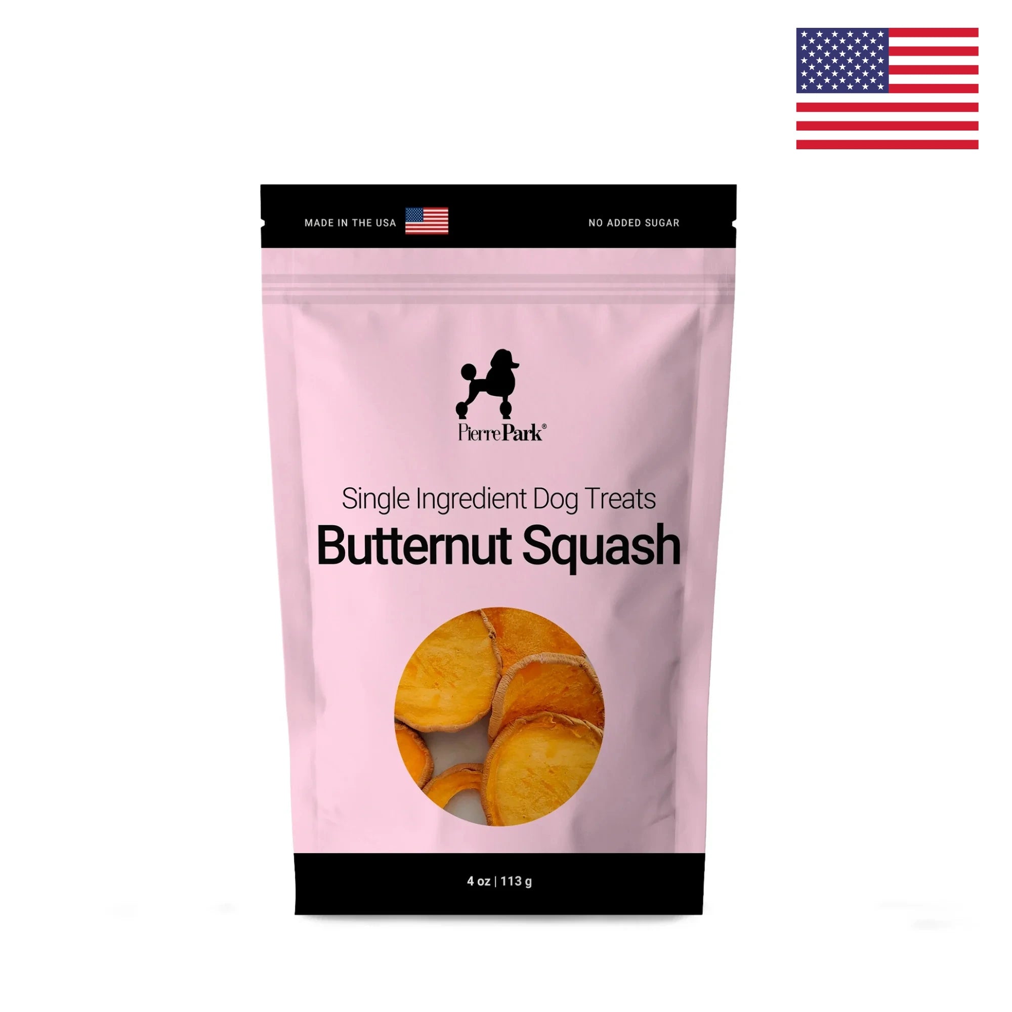 A pink bag of Butternut Squash Dog Treats by PierrePark promotes digestive health and antioxidants. The package shows sliced butternut squash, marked Made in the USA, No Added Sugar, with a small American flag in the top right corner.