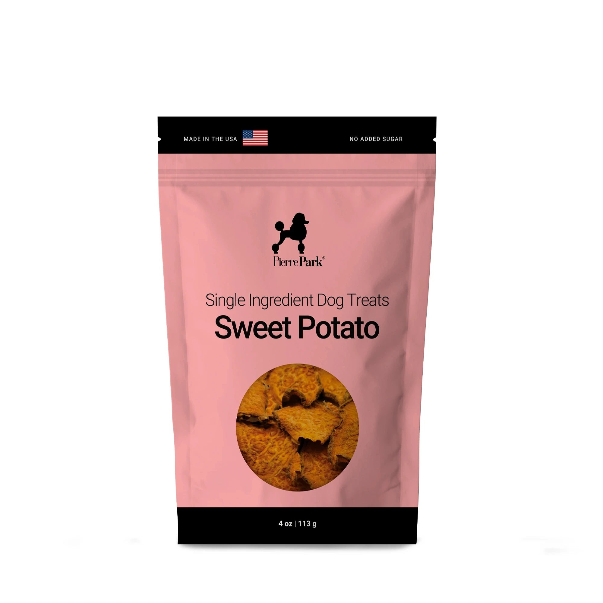 Sweet potato single ingredient dog treats by PierrePark in a pink bag, labeled Made in the USA with No Added Sugar, showing visible product slices through a transparent window.