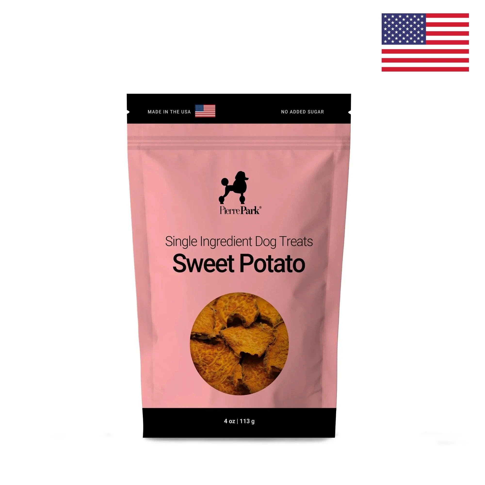 PierreParks Sweet Potato Dog Treats come in a pink 4 oz (113 g) package featuring images of treats and American flags. These wholesome snacks are rich in beta-carotene and provide a boost of dietary fiber for your furry friend.