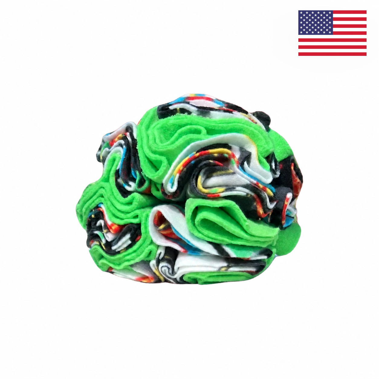 A vibrant PierrePark Snuffle Ball for Dogs – Green Games rests on a white background. In the top right corner, a small American flag emphasizes that this playful creation is proudly made in the USA.