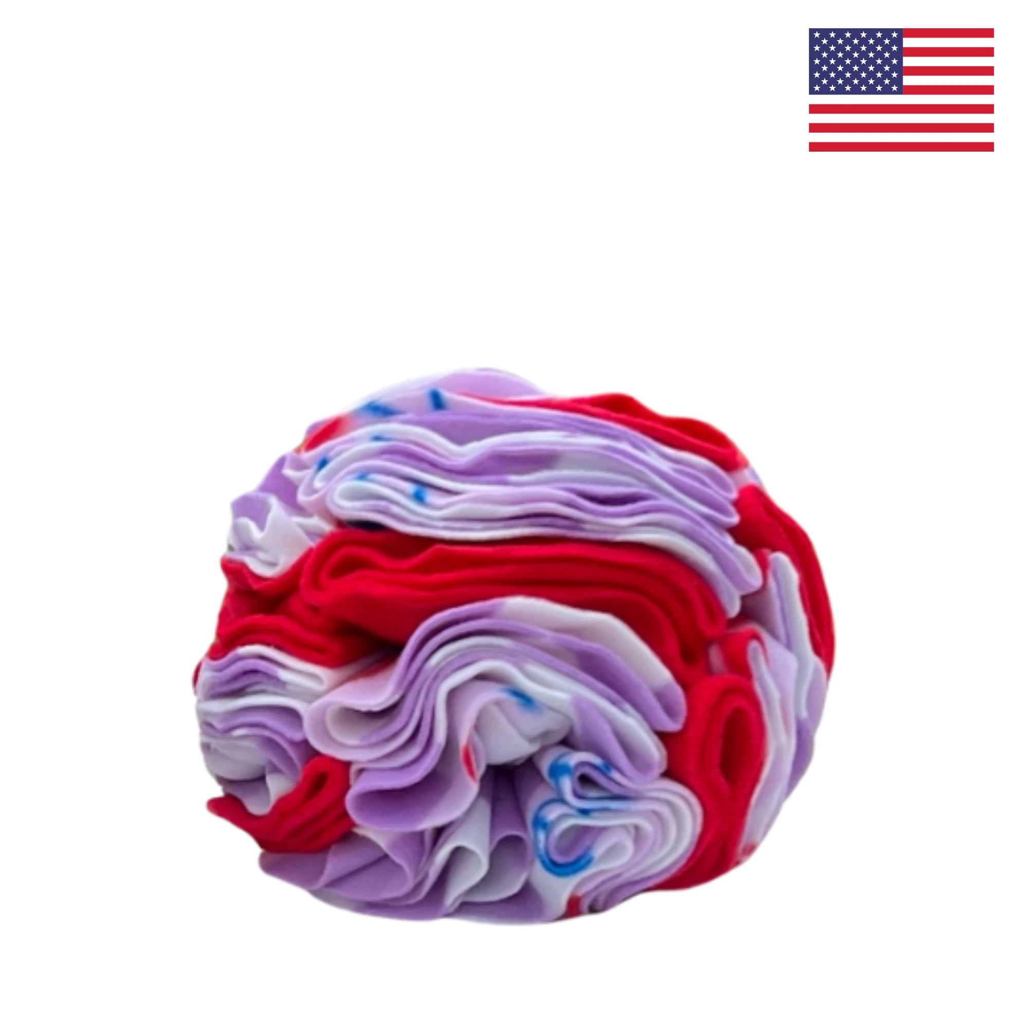 The PierrePark Snuffle Ball is an interactive puzzle toy designed as a textured sphere with crumpled layers of red, white, and blue tie-dye fabric. Featuring a small American flag in the top right corner against a white background, it offers engaging entertainment.