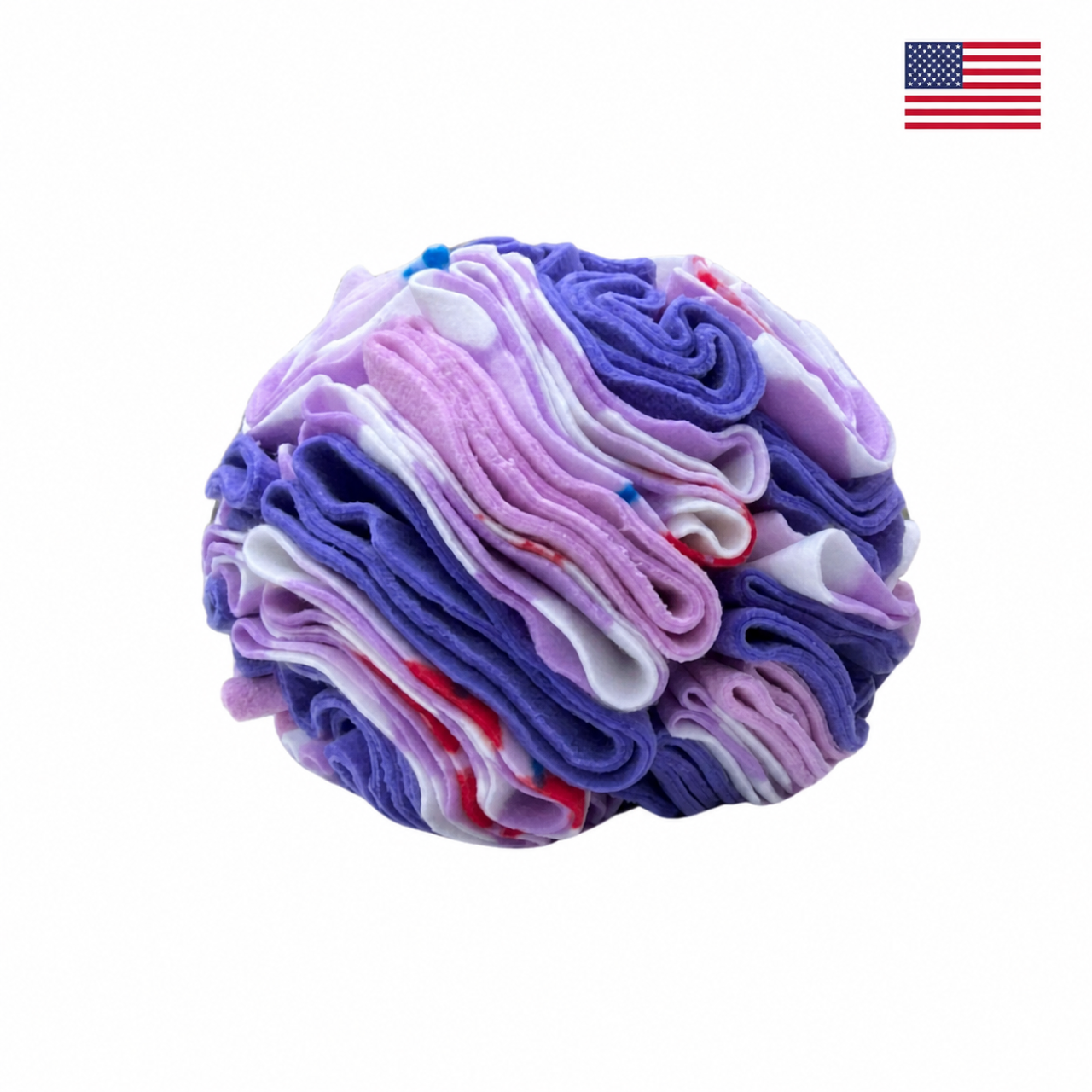 Purple Cherries snuffle ball for dogs on a white background with a small American flag in the upper-right corner.
