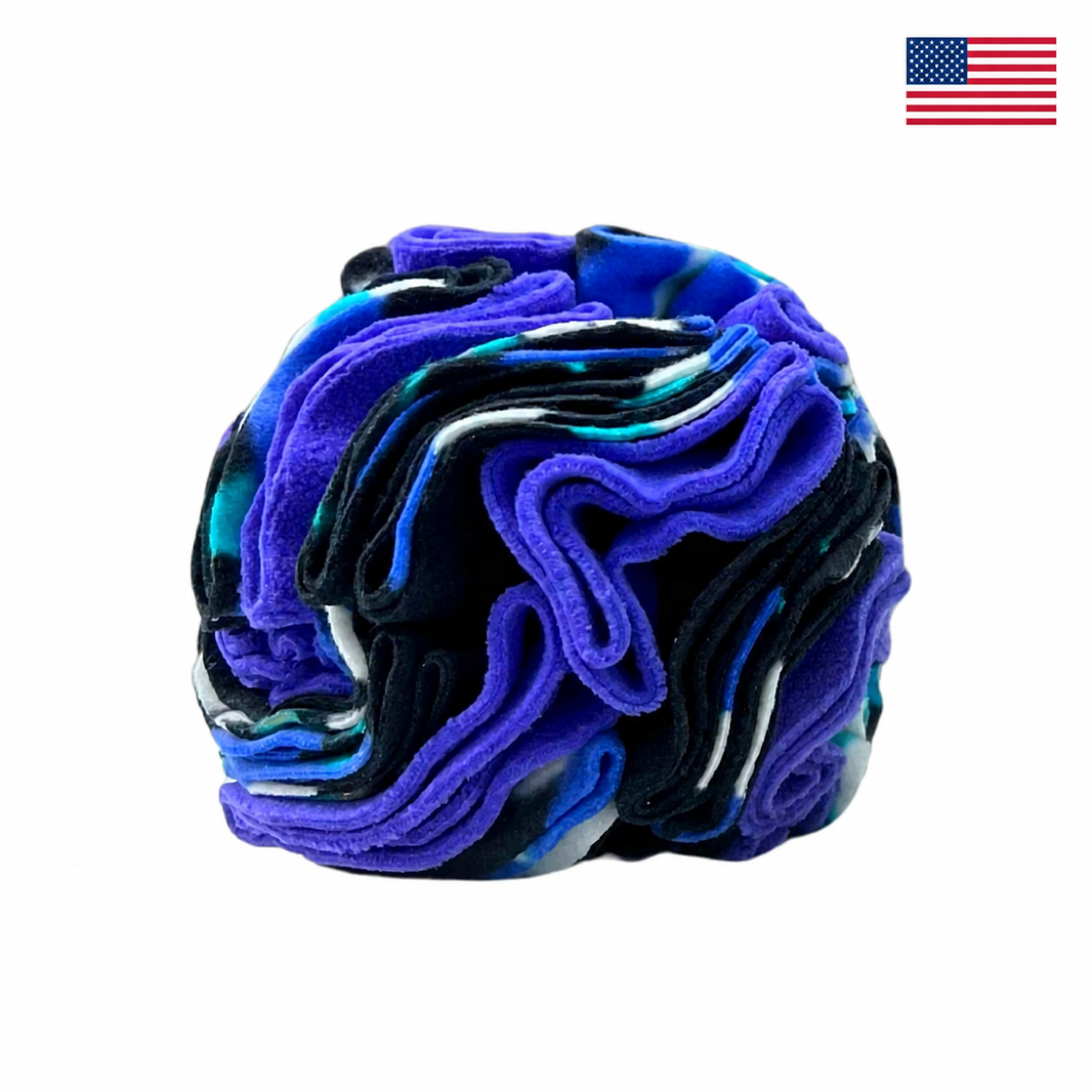 Purple Fireflies snuffle ball for dogs on a white background with a small American flag in the upper-right corner.