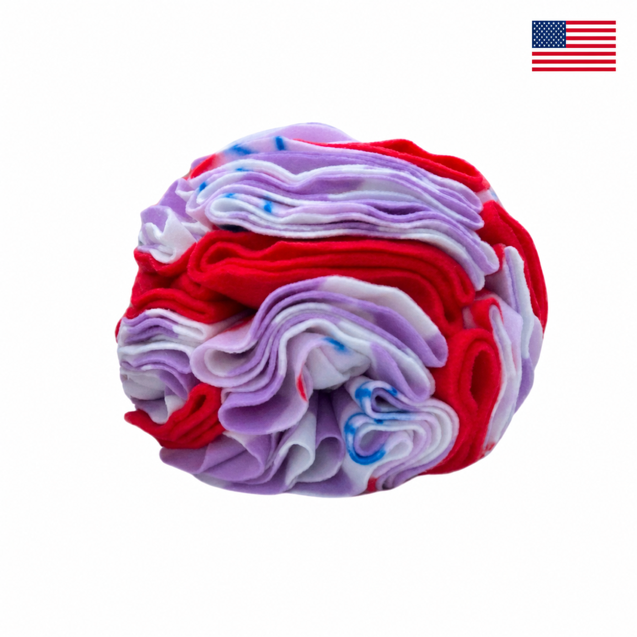 Red Cherries snuffle ball for dogs on a white background with a small American flag in the upper-right corner.