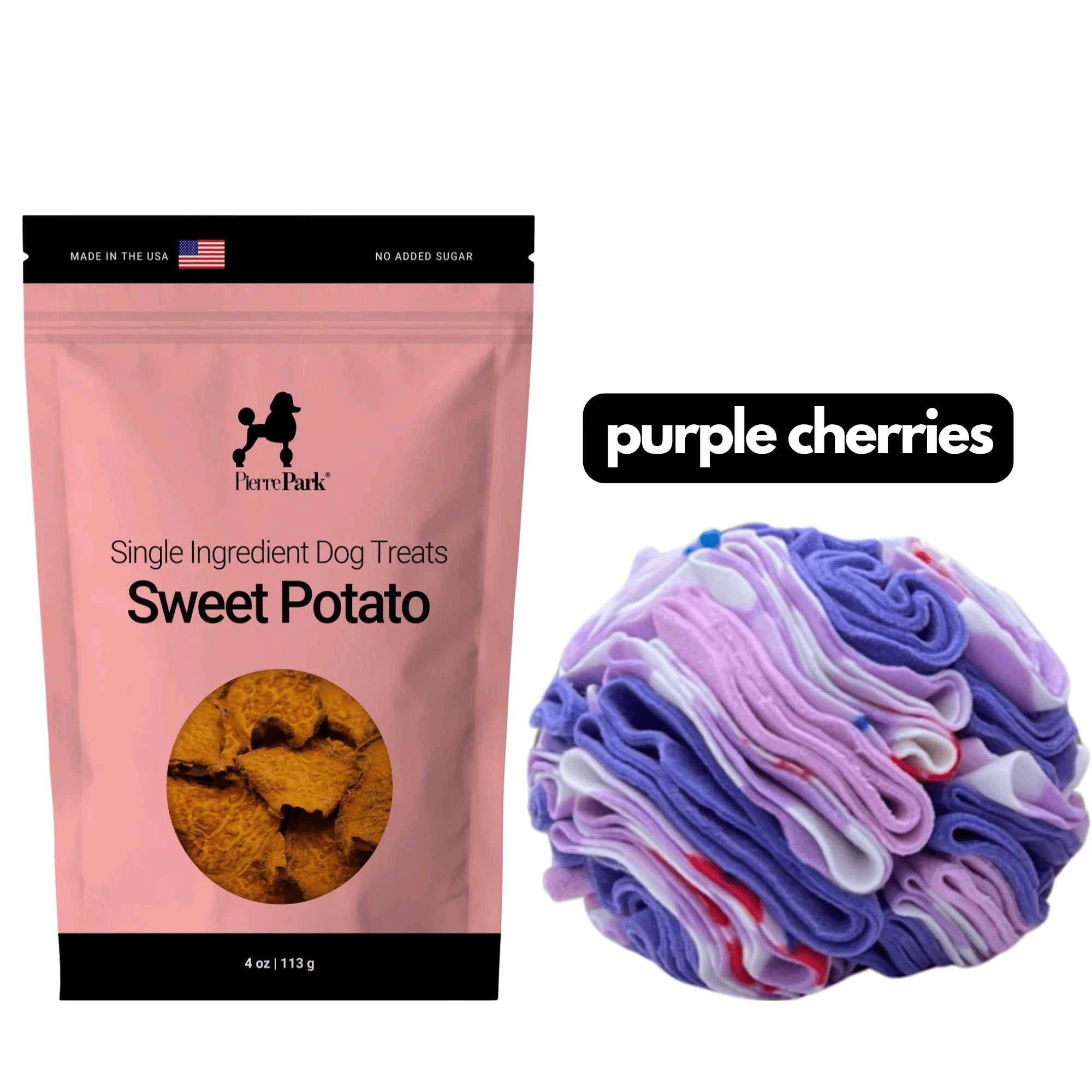 A PierrePark bundle features pink-packaged single-ingredient Sweet Potato dog treats and a colorful snuffle ball in purple, white, and red intertwined fabric labeled purple cherries.