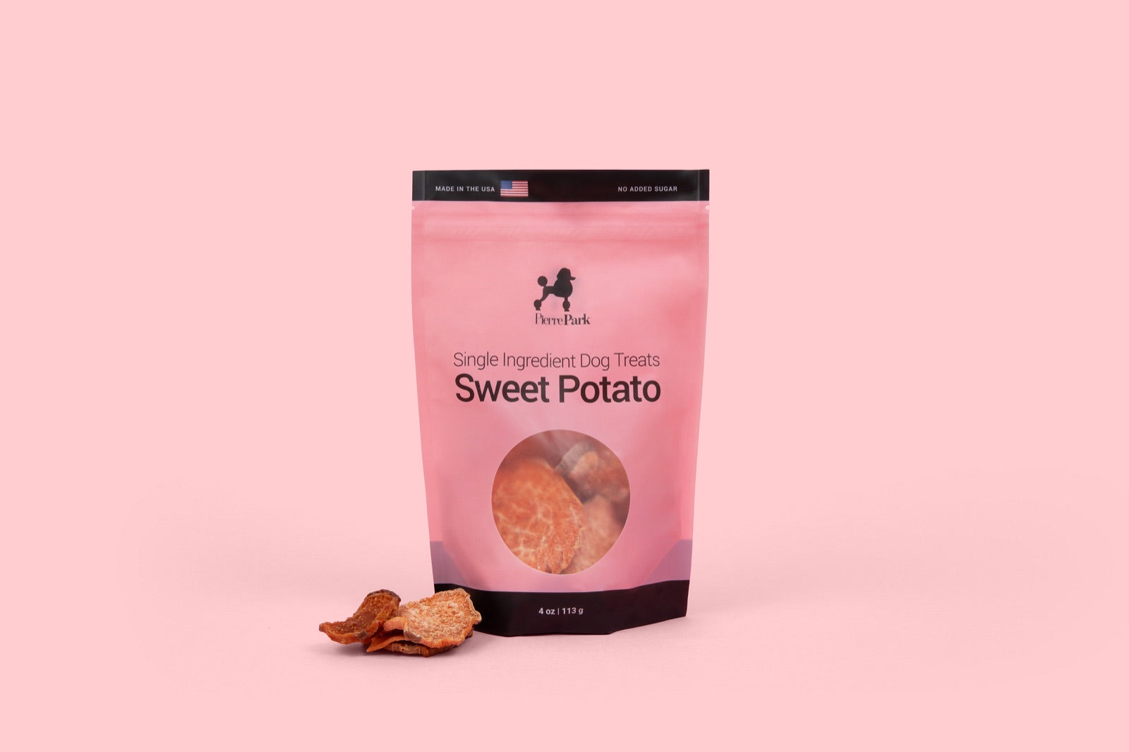 PierrePark Sweet Potato Dog Treats bag with sweet potato treats